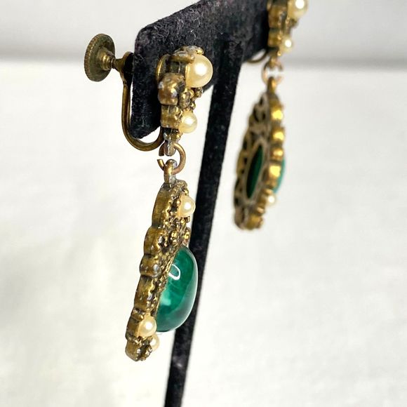 Ornate Dangle Drop Bronze Filagree Tiny Pearly Beads Central Green Stone - Picture 3 of 9